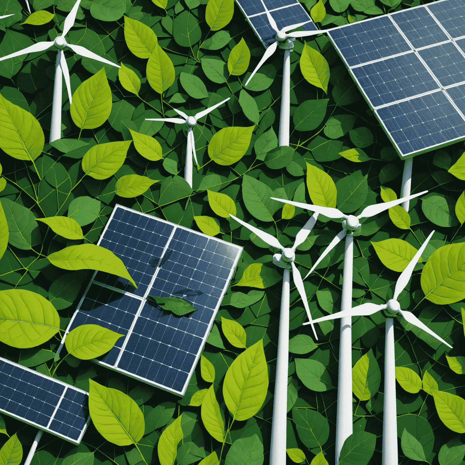 Abstract representation of bioenergy innovations: a collage of green leaves, wind turbines, and solar panels merged with futuristic circuit patterns