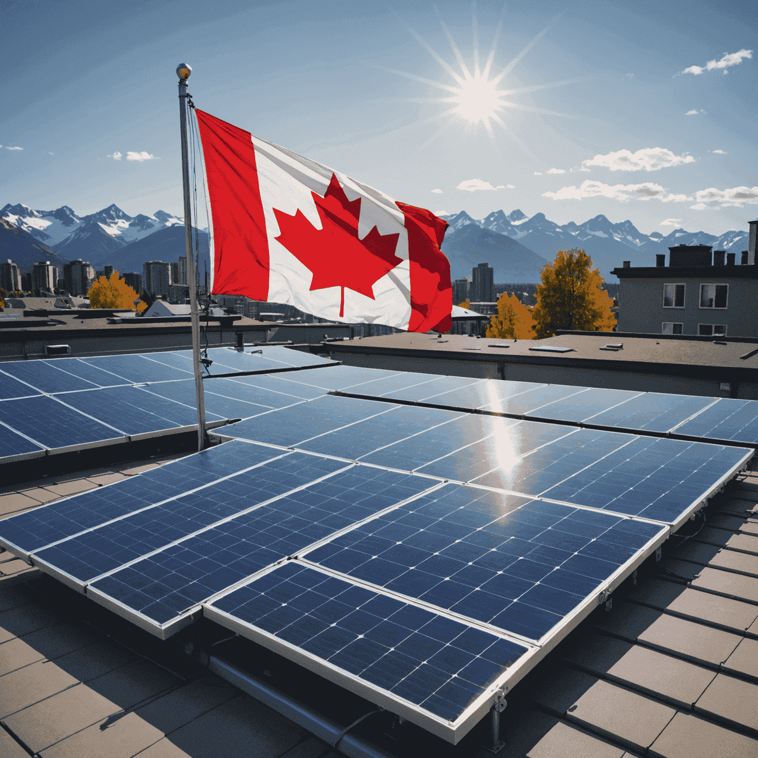 Modern solar panels on a rooftop with a Canadian flag in the background, showcasing innovative solar technology