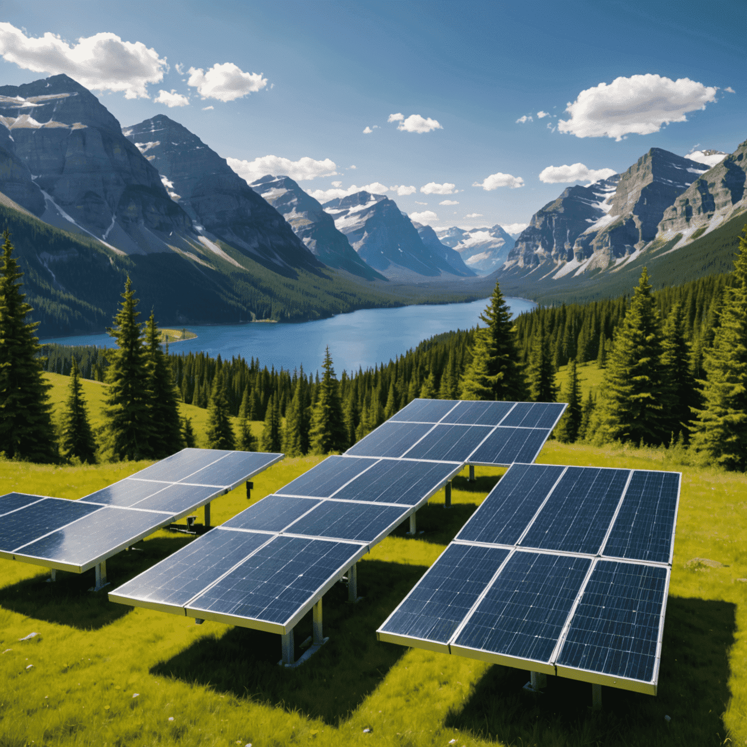 Futuristic solar panel array with Canadian landscape in the background, showcasing cutting-edge solar technology integrated with nature