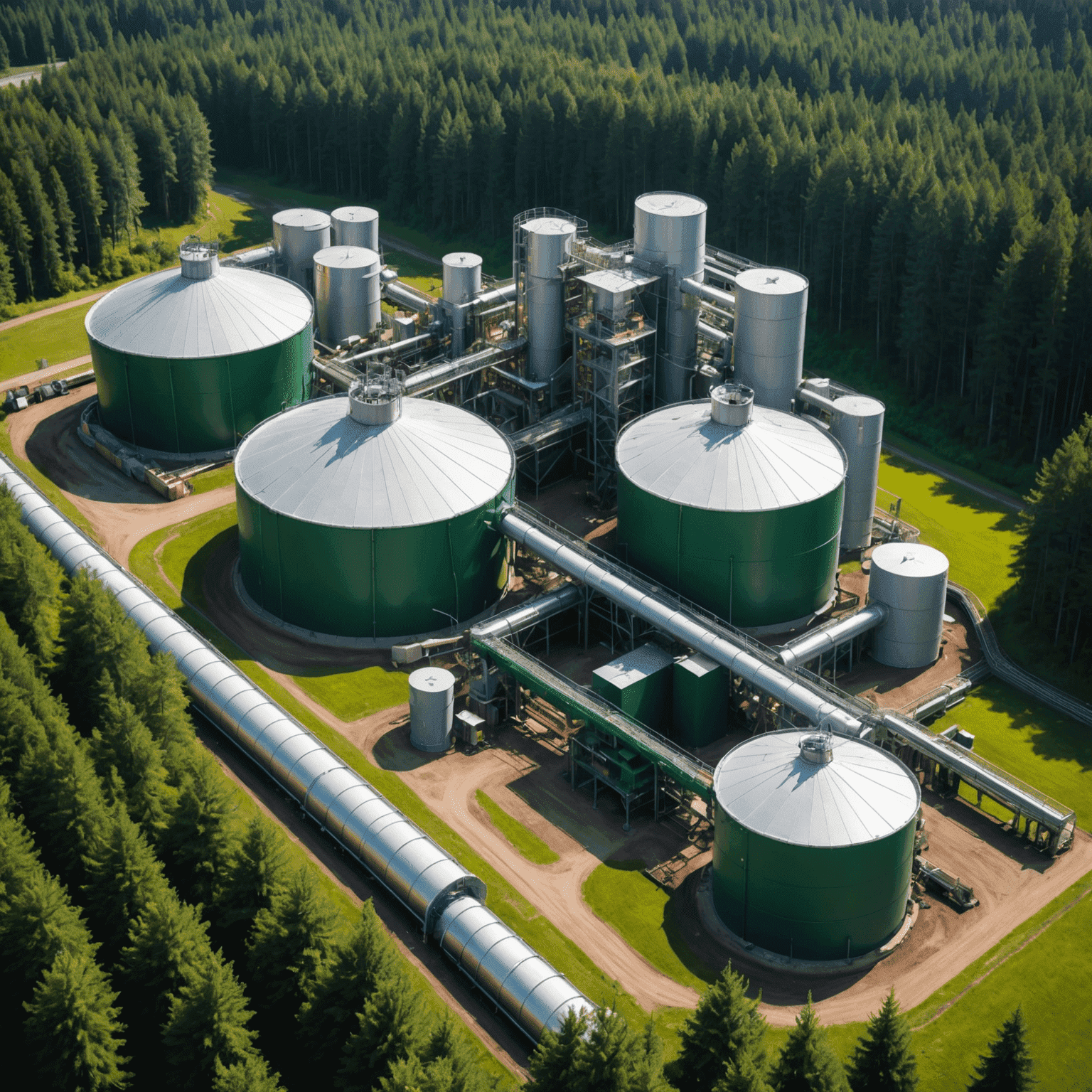 A modern biomass conversion facility in Canada, with large tanks and conveyor systems processing organic matter. The facility is surrounded by lush green forests, symbolizing the renewable nature of biomass energy.