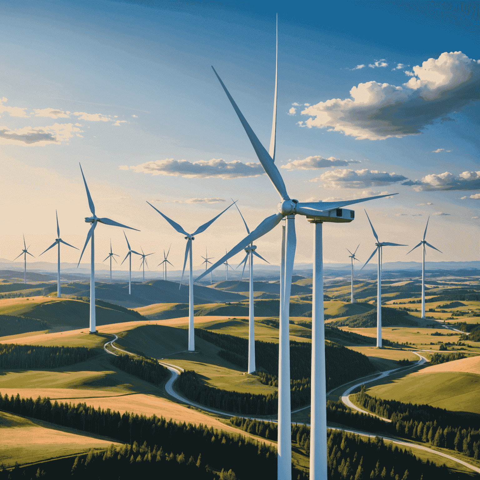 Modern wind turbines against a Canadian landscape, showcasing the latest designs with sleek aerodynamic blades and taller towers