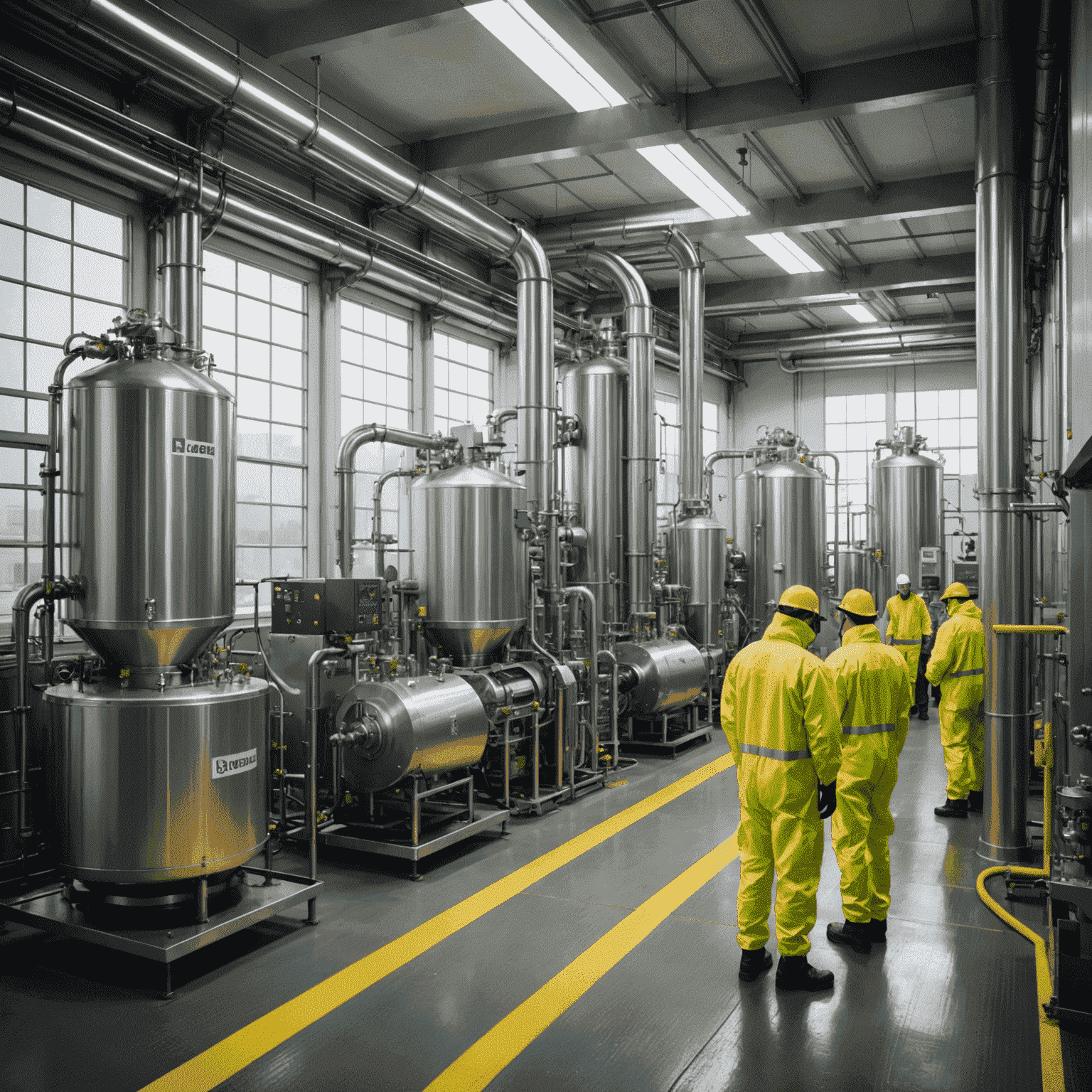 Modern biofuel production facility with sleek machinery and workers in protective gear, showcasing advanced technology in a clean, well-lit environment