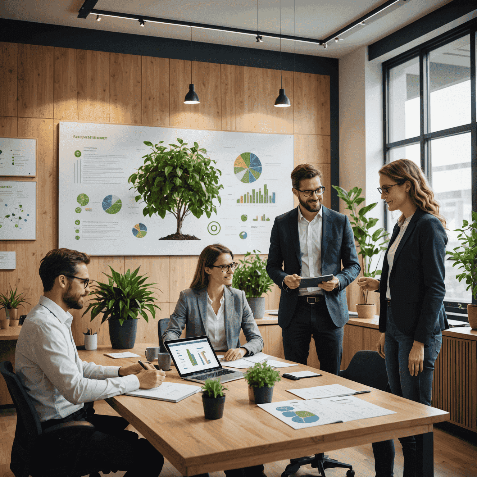 Diverse team of bioenergy experts collaborating in a modern, eco-friendly office space with plants and renewable energy diagrams visible