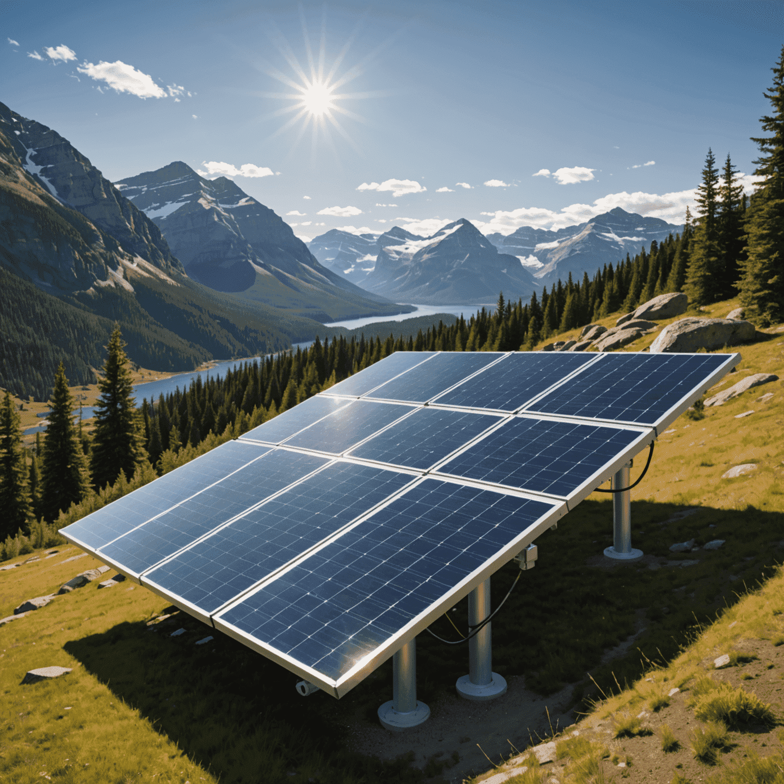 A futuristic solar panel array with advanced tracking systems, set against a Canadian landscape. The panels are sleek and highly efficient, showcasing cutting-edge design.