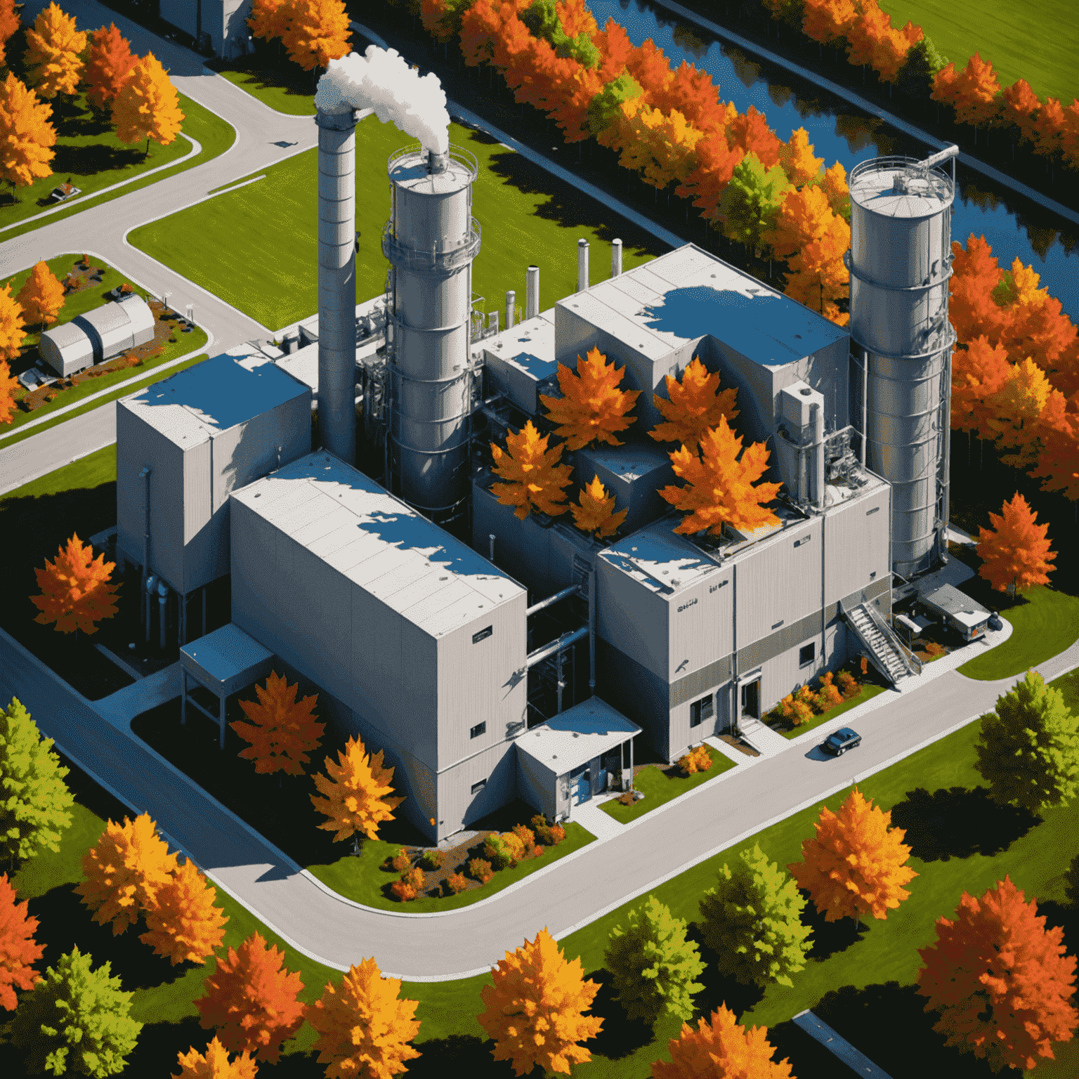 A modern biomass conversion plant with Canadian maple leaves, symbolizing eco-friendly energy production