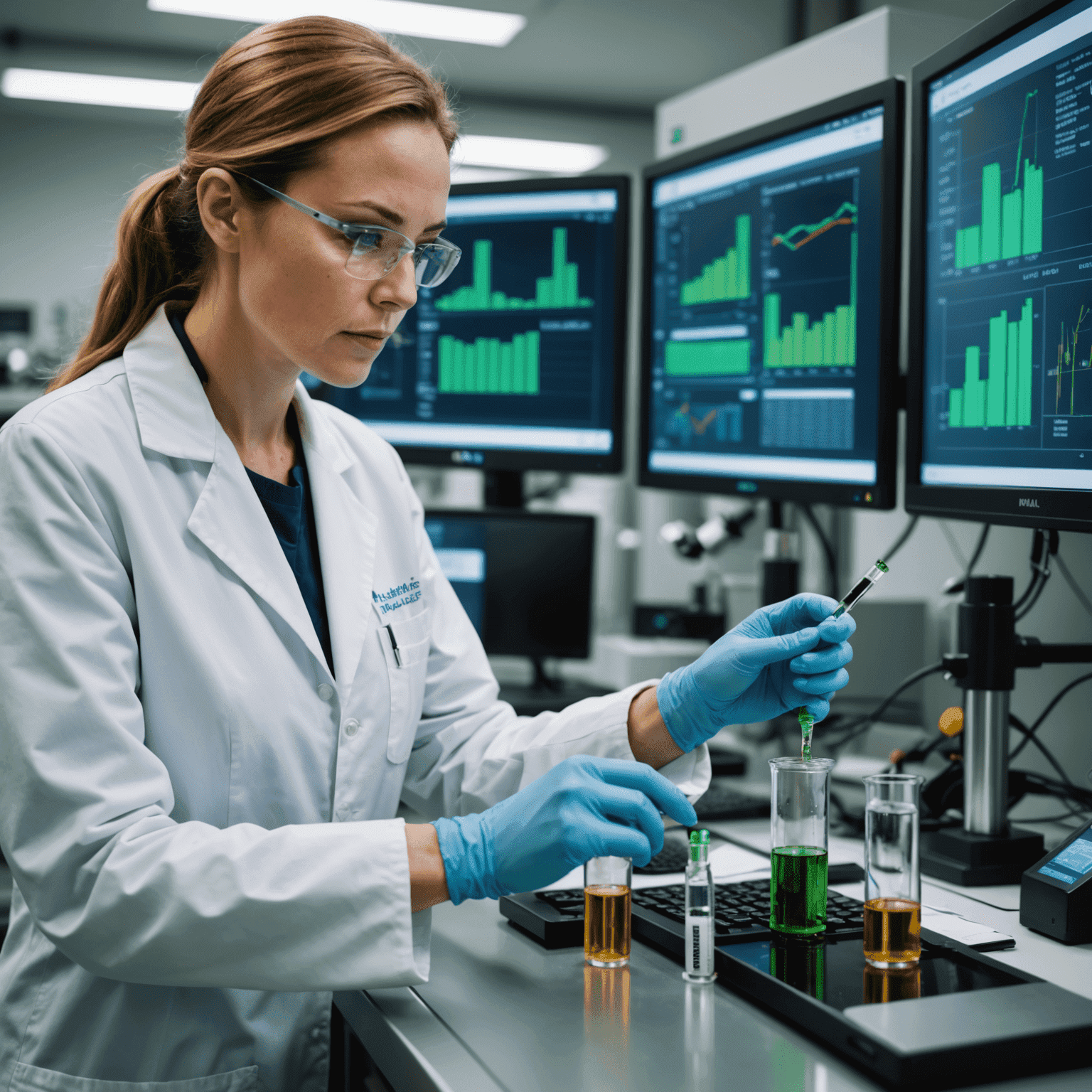 A scientist in a lab coat examining a vial of biofuel derived from biomass. Behind her, complex machinery and computer screens display data from the conversion process.