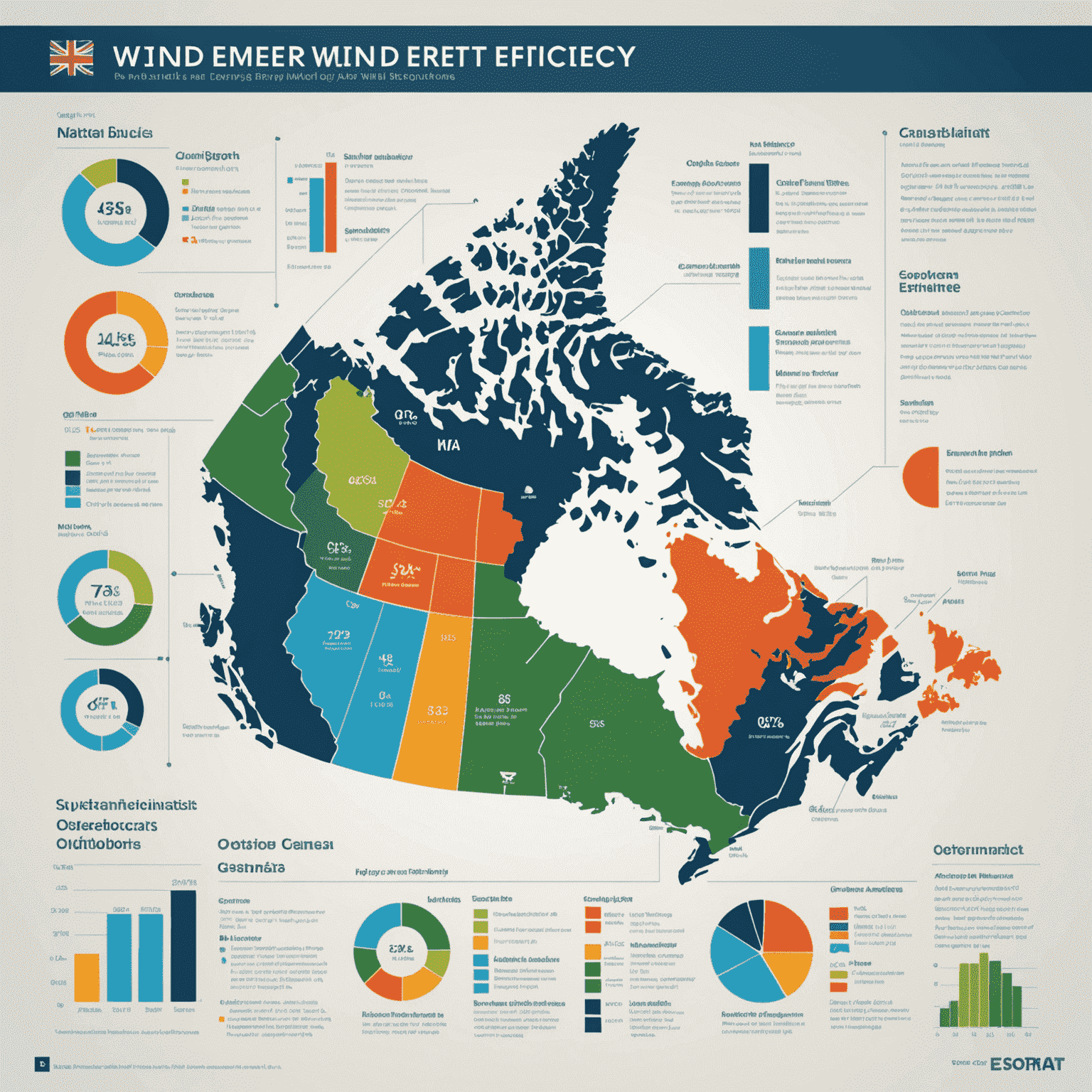 Infographic showing the increase in wind energy efficiency and output across Canadian provinces, with colorful charts and icons representing environmental and economic benefits