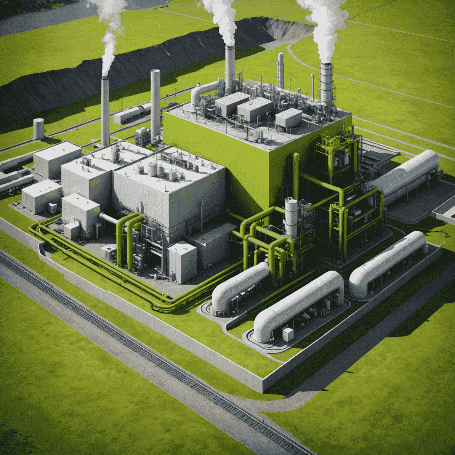 Diagram of a modern geothermal power plant with lime green highlights showing the energy flow from underground heat sources to electricity generation