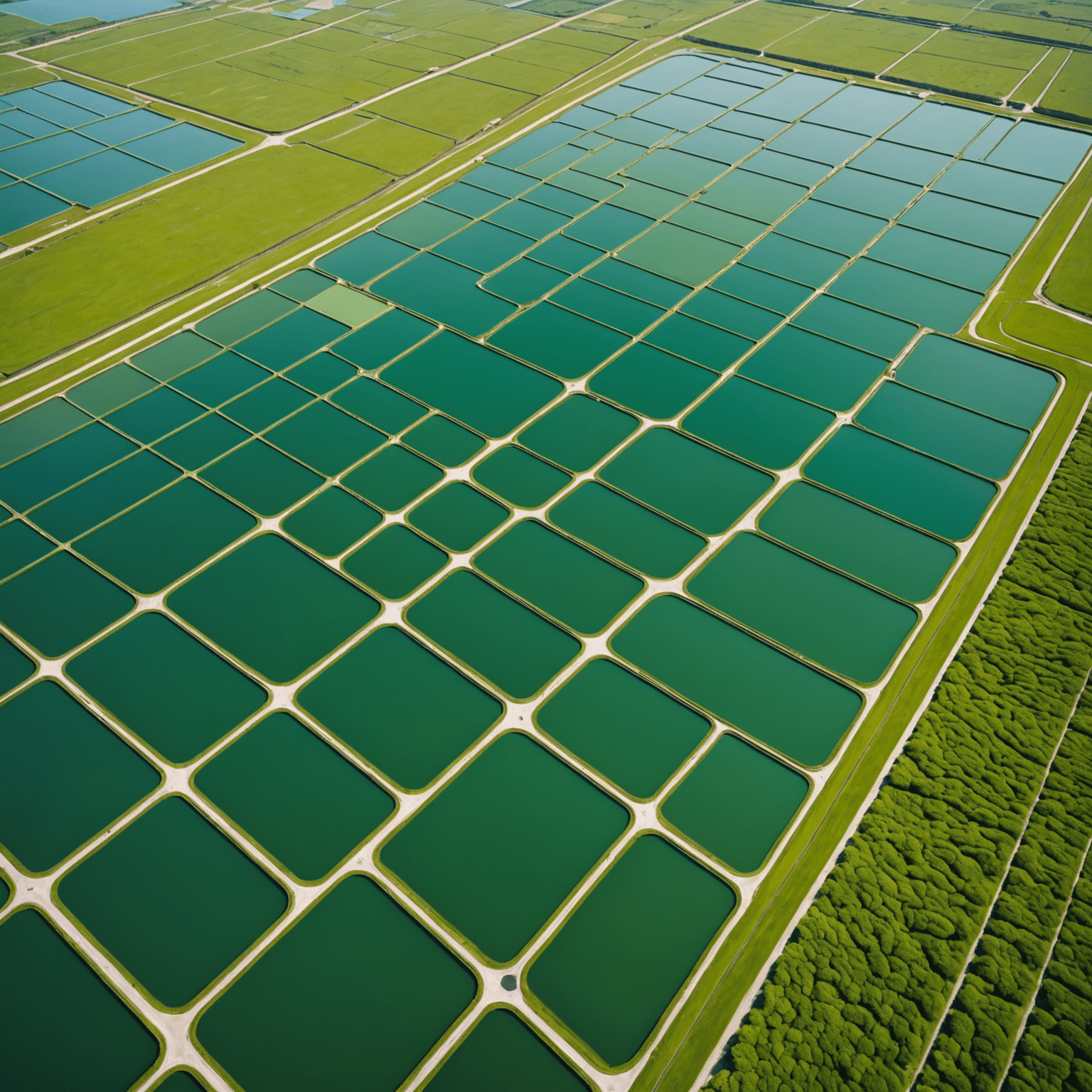 Aerial view of a vast algae farm with vibrant green ponds arranged in geometric patterns, surrounded by modern processing facilities