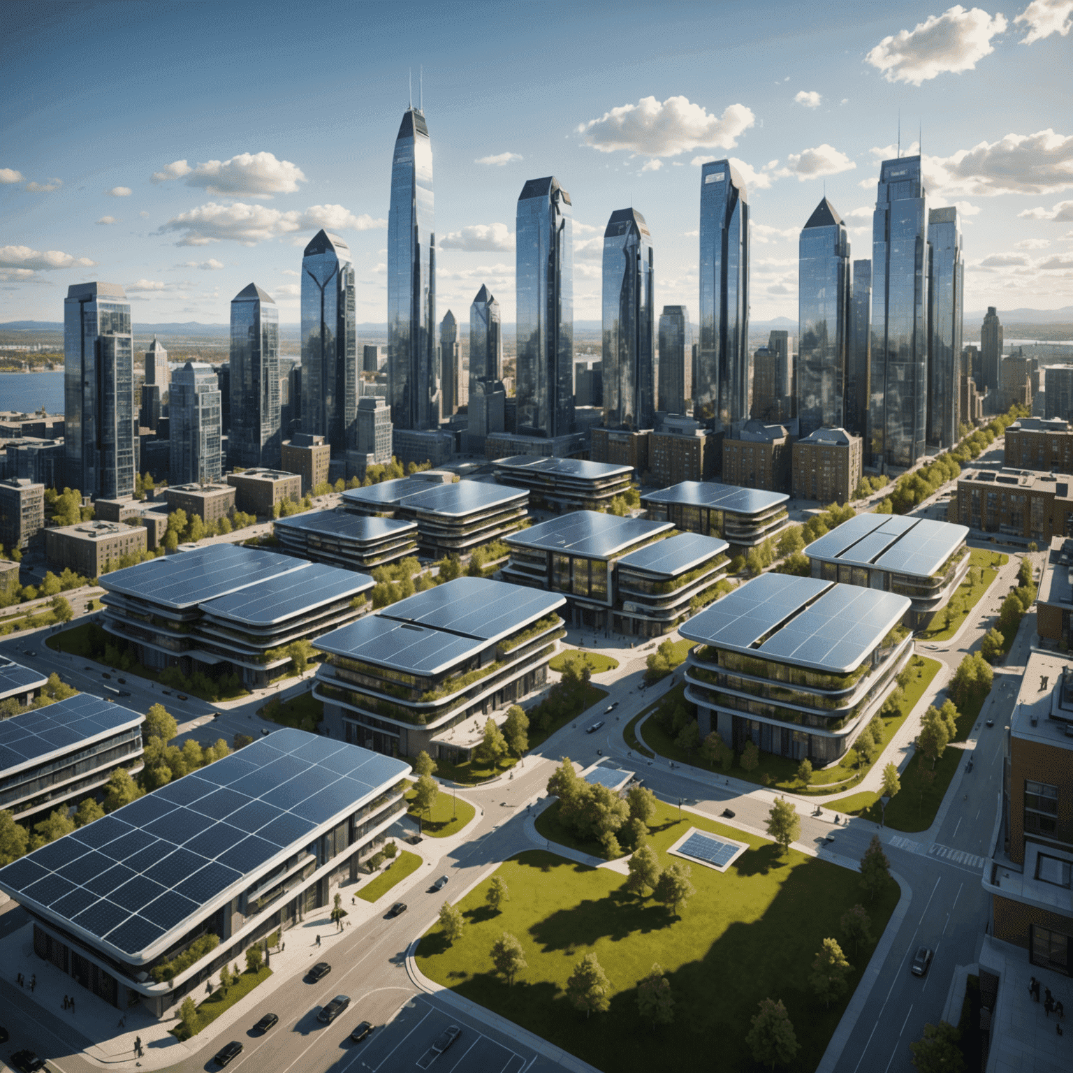 Futuristic cityscape of a Canadian city powered by advanced solar technology, with sleek solar installations integrated into buildings and public spaces