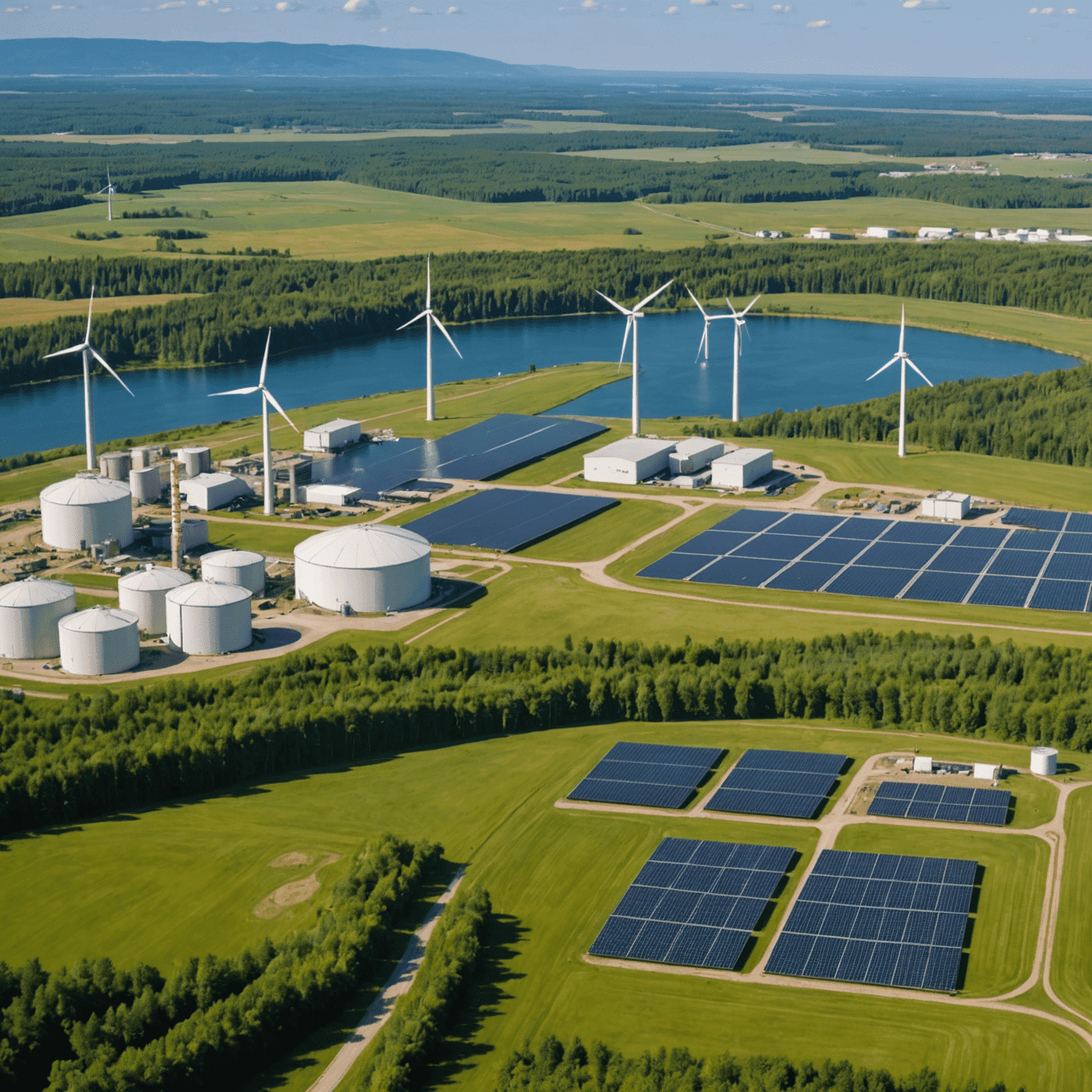 A panoramic view of a Canadian landscape transitioning from traditional energy infrastructure to bioenergy facilities. Wind turbines and solar panels are visible alongside biomass processing plants, symbolizing the diverse clean energy future.