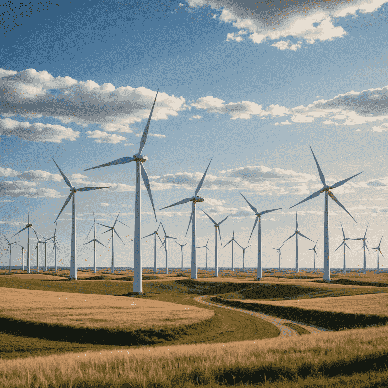 A wind farm featuring the latest turbine designs, set in a Canadian prairie. The turbines are sleek and aerodynamic, showcasing improved efficiency.