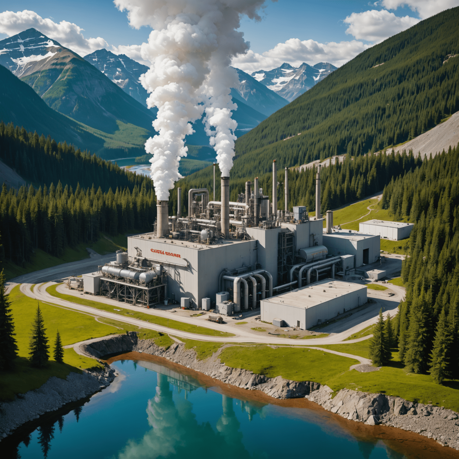 A geothermal power plant in a Canadian mountainous region, representing untapped clean energy potential