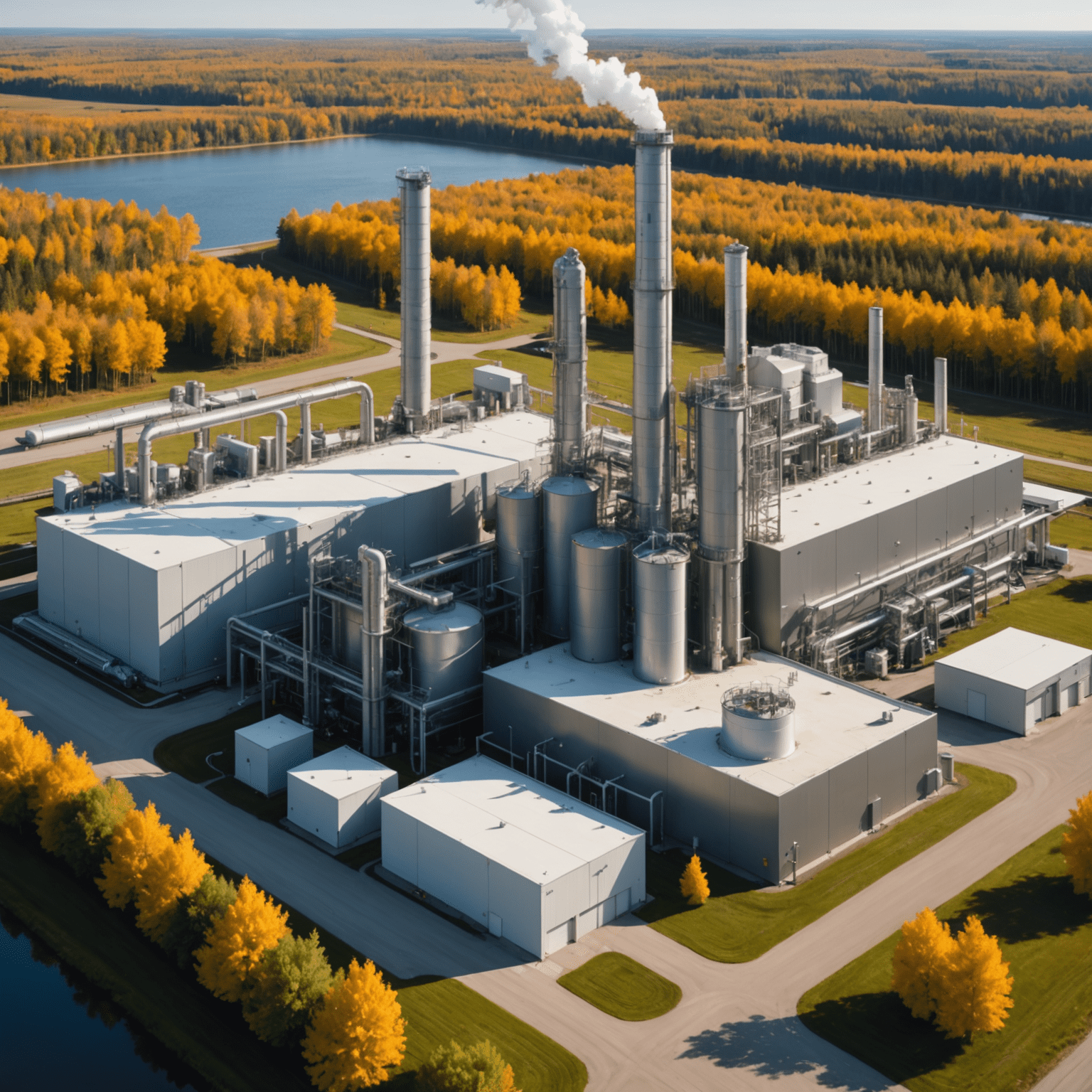 A modern biofuel production facility with Canadian-themed elements, showcasing advanced clean energy processes